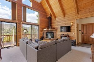 The living area of a June Lake cabin rental near some of the best local hiking trails in California.