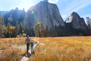 People hiking on a Yosemite National Park day trip.