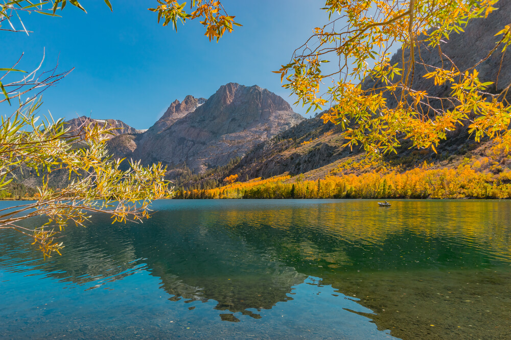 A view of a lake in fall in June Lake, California.